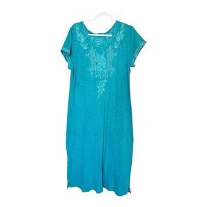 Caite Embroidered Teal Green Maxi Dress  Sz L Mottled T-Shirt